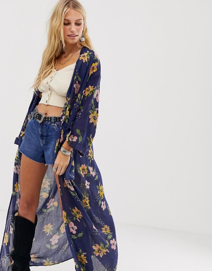En Creme Maxi Kimono In Floral - Blue