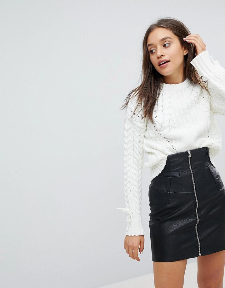 Bershka Cable And Rib Patterned Knitted Sweater - Cream