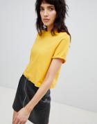 Stradivarius Crop Jersey Roll Sleeve Tee Plain - Yellow