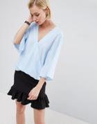 Asos Drape Wrap Top With Fluted Sleeves - Blue