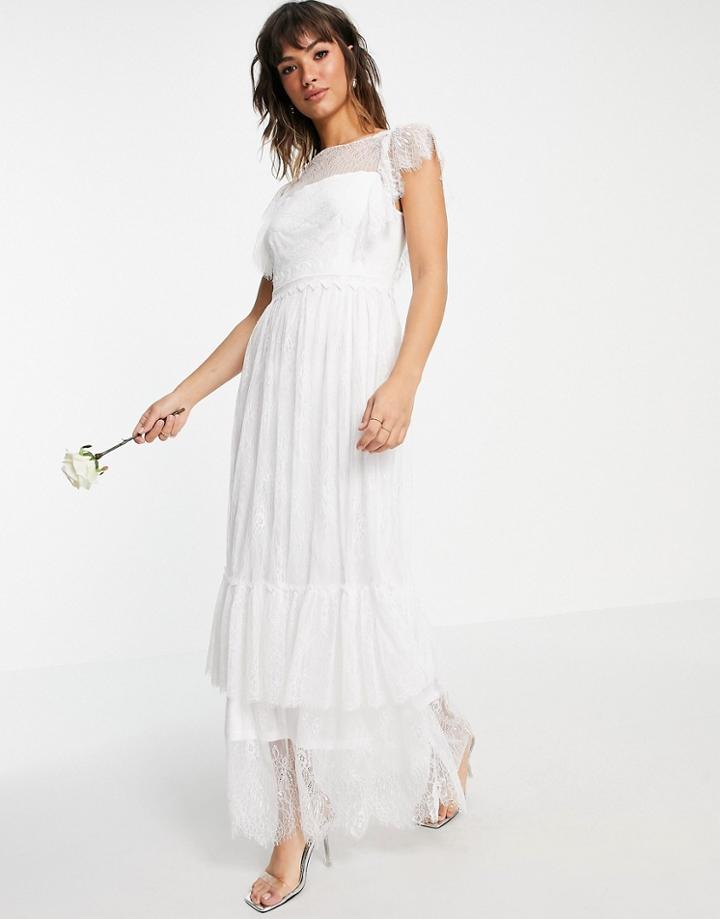 Vila Bridal A Line Dress With Deep V Back And Flutter Sleeves In White