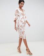 Asos Design Kimono Midi Dress In Printed Floral Jacquard-multi