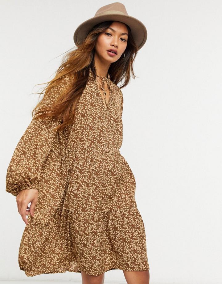 Vila Smock Dress With Tiered Skirt In Disty Floral-multi
