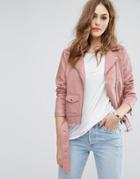 Warehouse Leather Look Biker Jacket - Pink