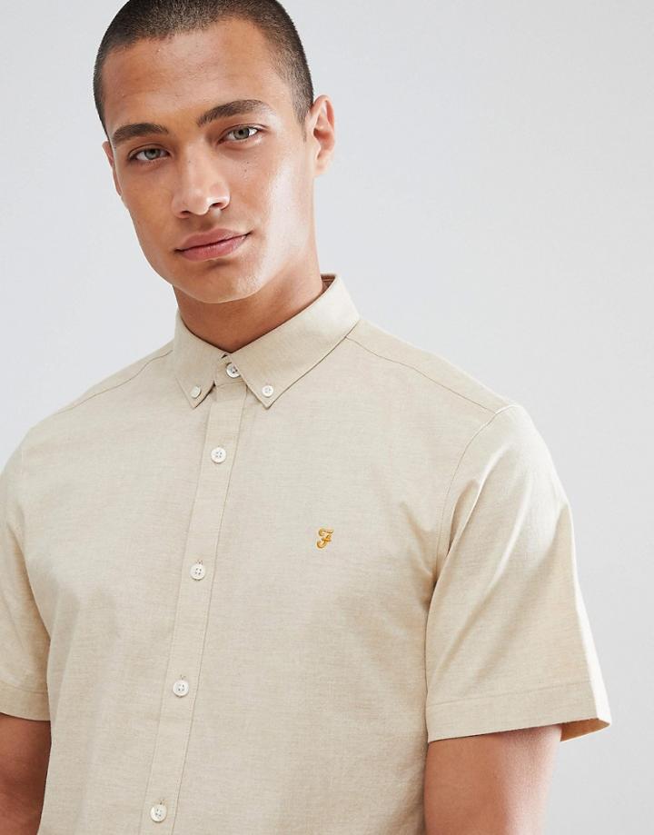 Farah Steen Slim Fit Weft Short Sleeve Shirt In Sand - Beige