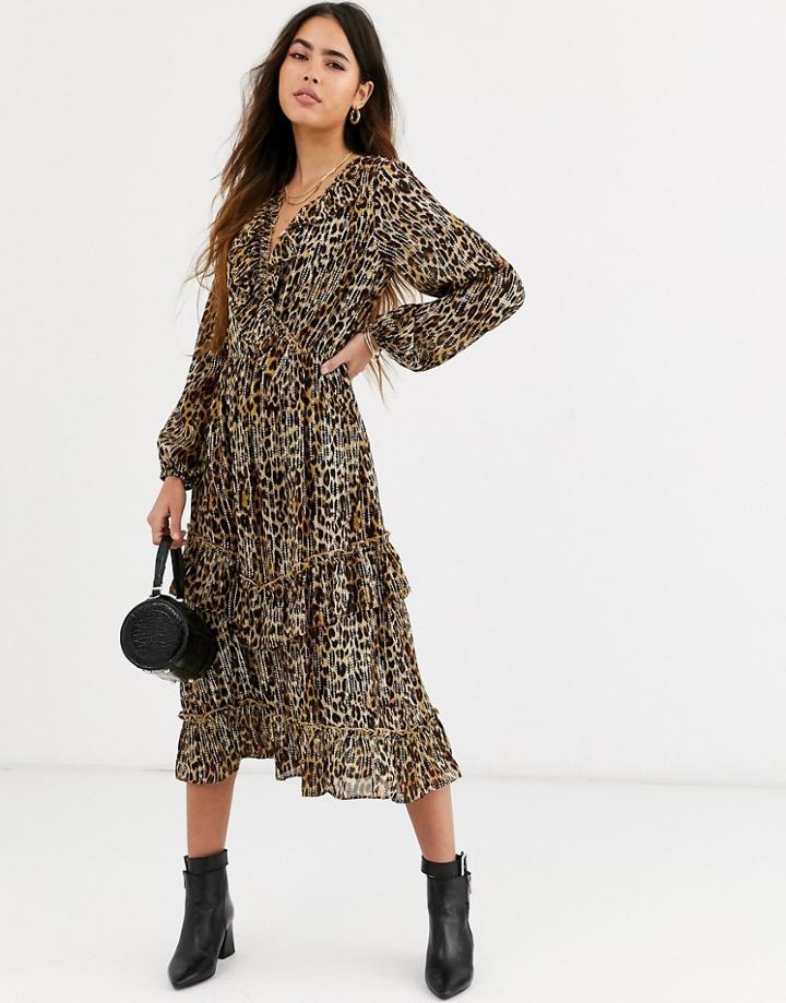 River Island Leopard Print Midi Dress In Brown