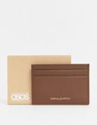 Asos Design Leather Card Holder In Brown With Foil Emboss