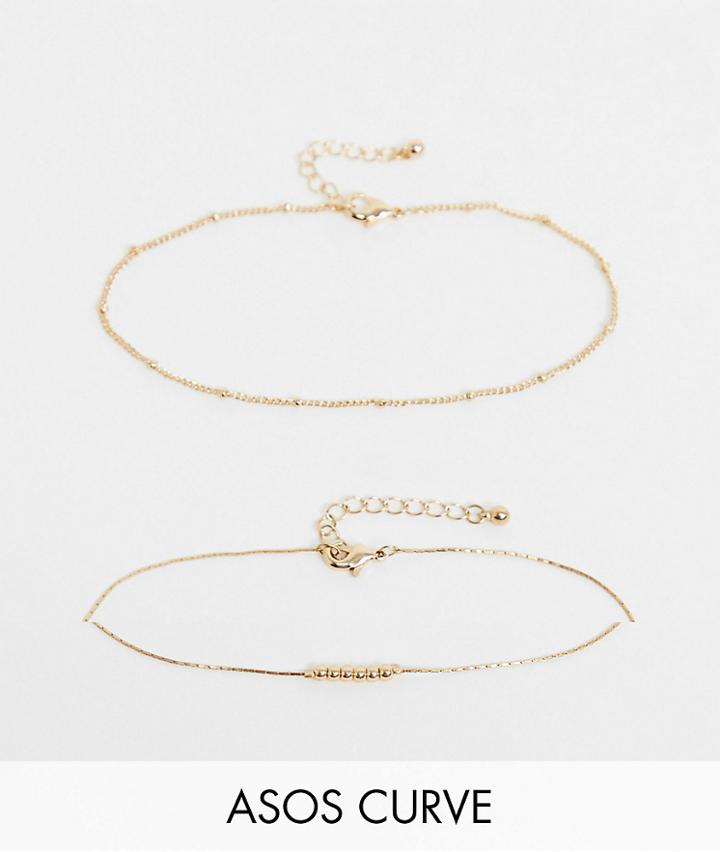 Asos Design Curve Pack Of 2 Fine Ball Charm Anklets In Gold Tone