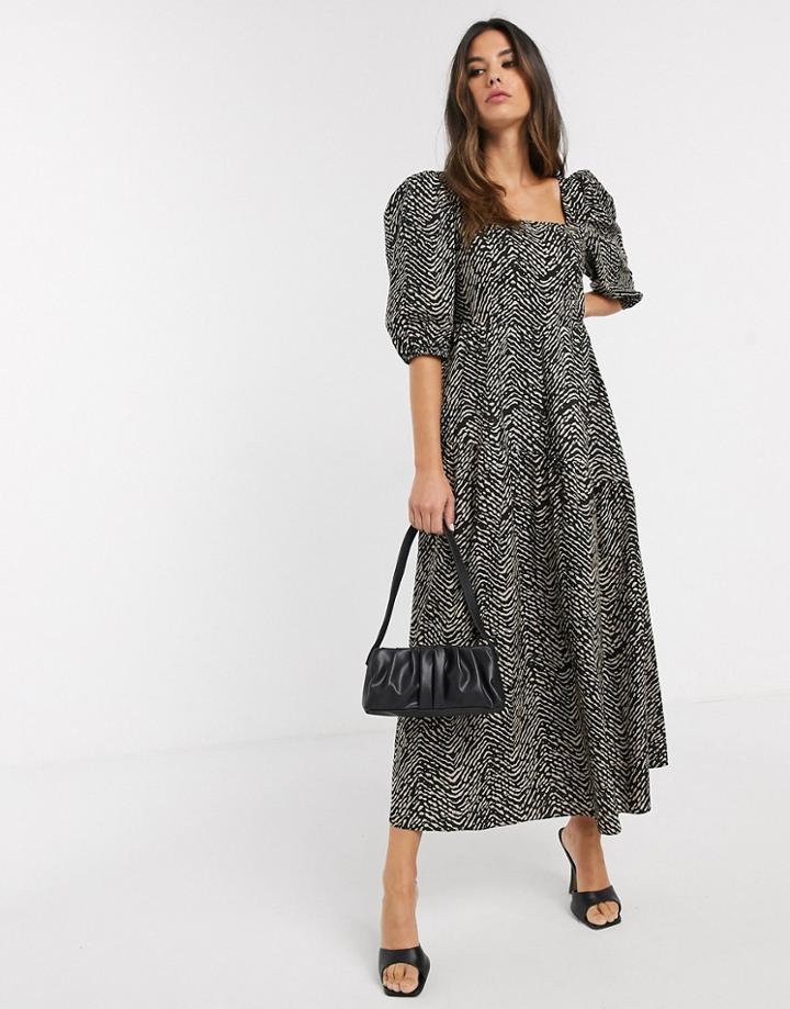 Mango Volume Sleeve Midi Dress In Abstract Animal Print-multi