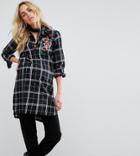 Supermom Longline Checked Shirt With Embroidery - Black