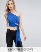 Asos Tall One Shoulder Crop Top With Tie Waist - Blue