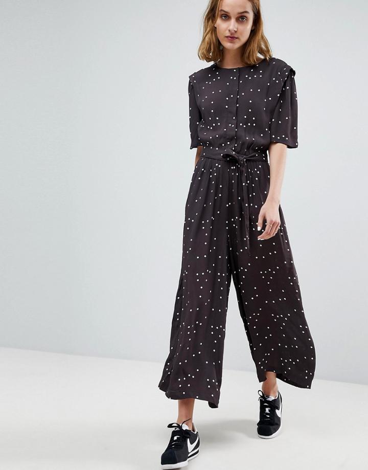 Moss Copenhagen Button Front Wide Leg Jumpsuit In Spot - Black