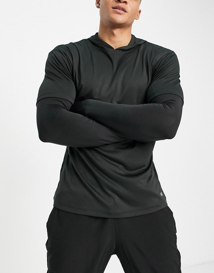 Asos 4505 Running Long Sleeve T-shirt With Hood And Double Layer Effect-black