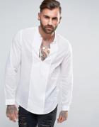 Asos Longline Regular Fit Shirt In White Sheer Cotton With V Tie Neck - White