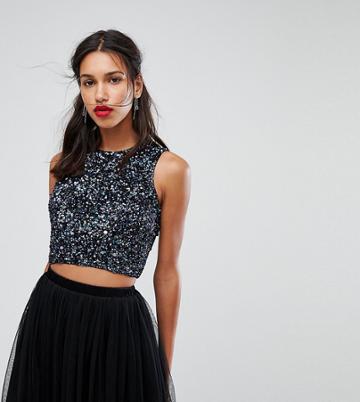 Lace & Beads Embellished Crop Top - Black