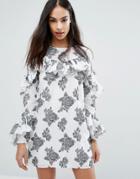 Missguided Rose Print Ruffle Detail Dress - White