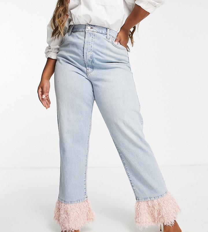 Asos Luxe Curve Straight Leg Jeans With Faux Feather Hem In Blue - Part Of A Set-blues