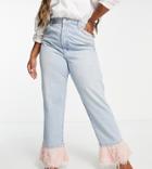 Asos Luxe Curve Straight Leg Jeans With Faux Feather Hem In Blue - Part Of A Set-blues