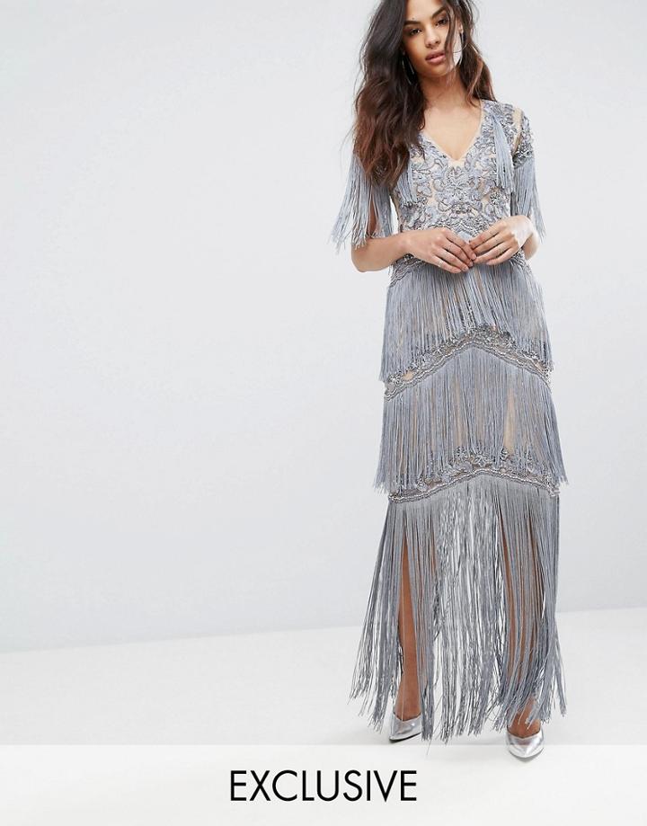 A Star Is Born Irredescent Embellished Maxi Dress With Tierred Fringing - Blue