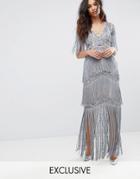 A Star Is Born Irredescent Embellished Maxi Dress With Tierred Fringing - Blue