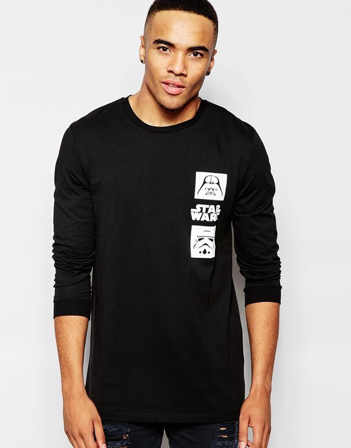 Asos Relaxed Longline Long Sleeve T-shirt With Star Wars Chest Print - Black