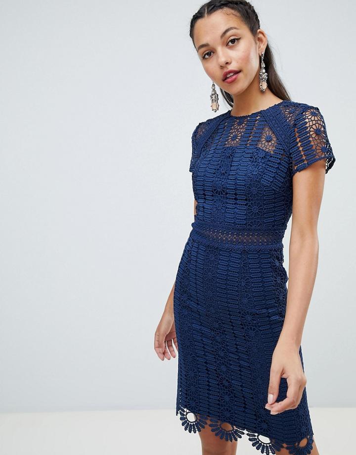 Chi Chi London Cap Sleeve Lace Pencil Dress-navy