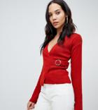 Asos Design Tall Wrap Sweater In Rib With Buckle Detail-red