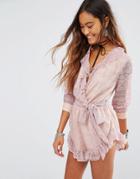 Young Bohemians Romper With Wrap Front And Lace Sleeves - Dusty Pink