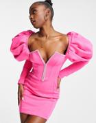 Asos Design Puff Sleeve Diamante Trim Seamed Mini Dress In Hot Pink