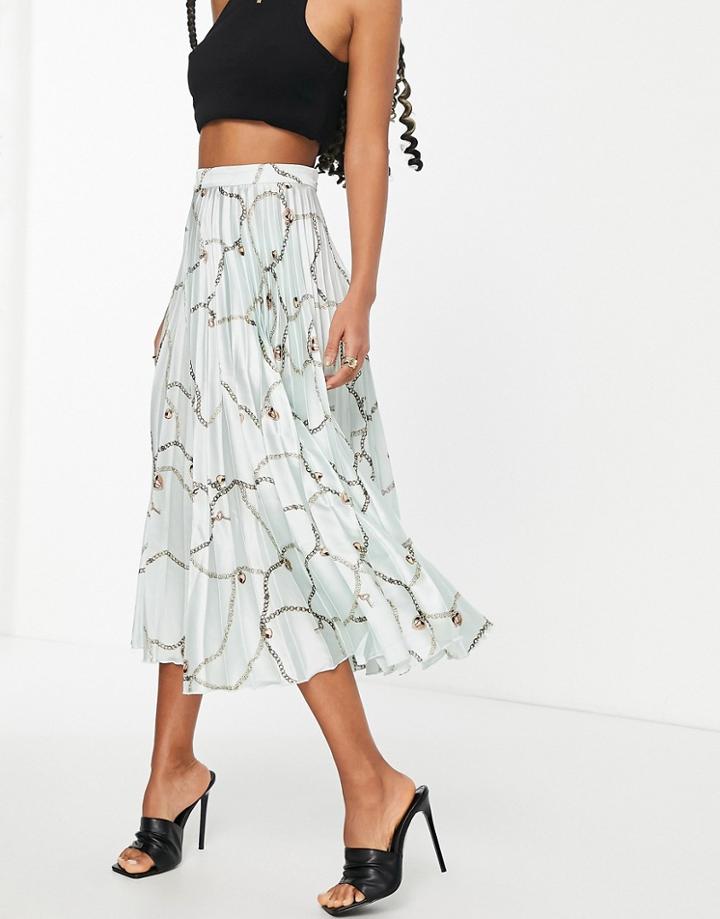 Asos Design Satin Pleated Midi Skirt In Chain Print-multi