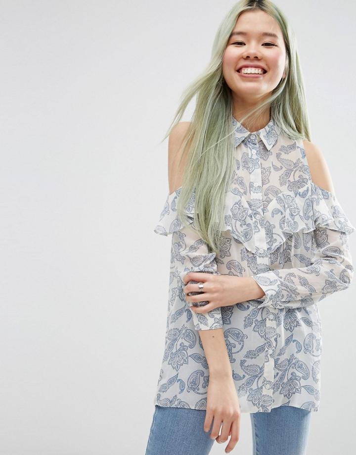 Asos Cold Shoulder Ruffle Detail Blouse In Paisley - Multi