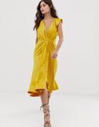 Asos Design Knot Front Plunge Midi Dress With Ruffle Sleeve And Open Back - Gold