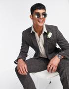 Asos Design Harris Tweed 100% Wool Slim Suit Jacket In Brown Herringbone