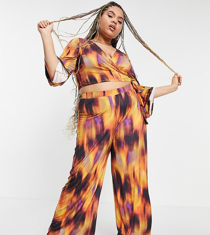 Asos Design Curve Coordinating Tie Hem Wrap Top In 70s Flame Print-multi