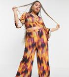 Asos Design Curve Coordinating Tie Hem Wrap Top In 70s Flame Print-multi