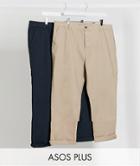 Asos Design Plus 2 Pack Slim Chinos In Navy & Stone-multi