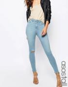 Asos Tall Ridley Skinny Ankle Grazer Jeans In Surf Mid Stonewash With Ripped Knee And Pocket Abrasion - Blue