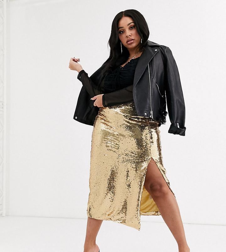 Unique 21 Hero Plus Bodycon Pencil Skirt In Gold Sequin Two-piece