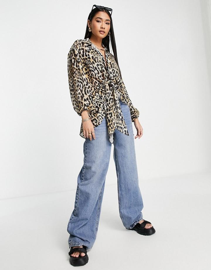 River Island Twist Tie Front Blouse In Animal Print-brown