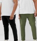 Asos Design Plus 2 Pack Skinny Chinos In Khaki & Black Save - Multi