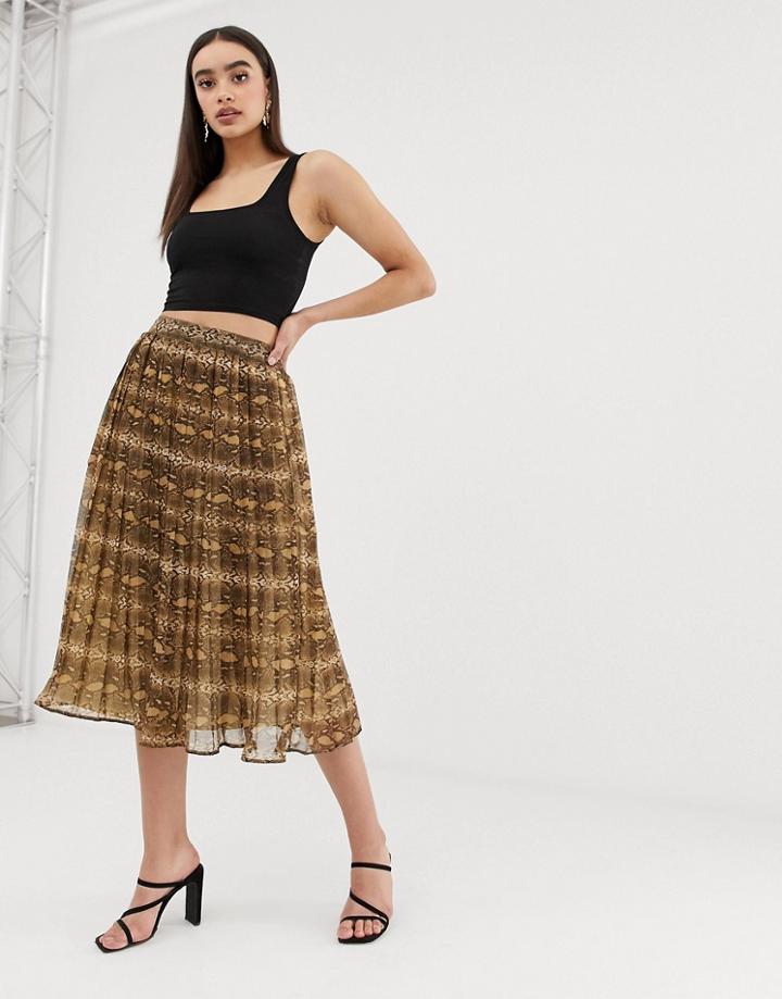 Prettylittlething Pleated Midi Skirt In Brown Snake Print - Brown