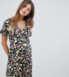 Asos Design Maternity Button Through Tea Dress With Frill Sleeve In Summer Floral Print - Multi