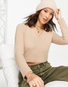 Bershka Knitted Polo Crop Sweater In Camel - Part Of A Set-neutral