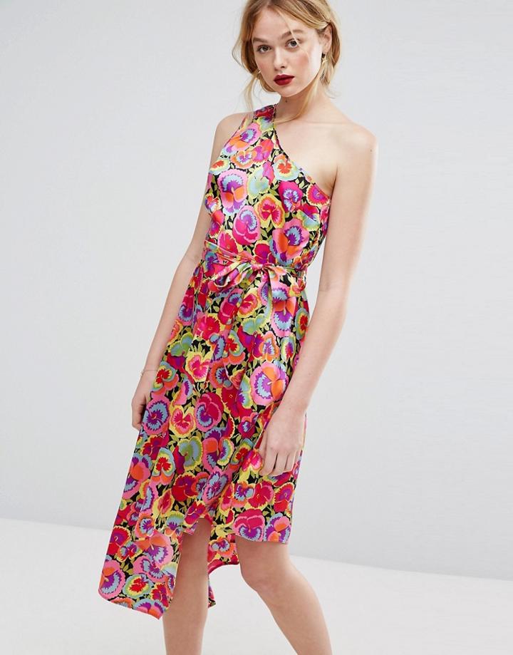 Warehouse Premium Pansy Print Asymmetric Hem Silk Dress - Pink