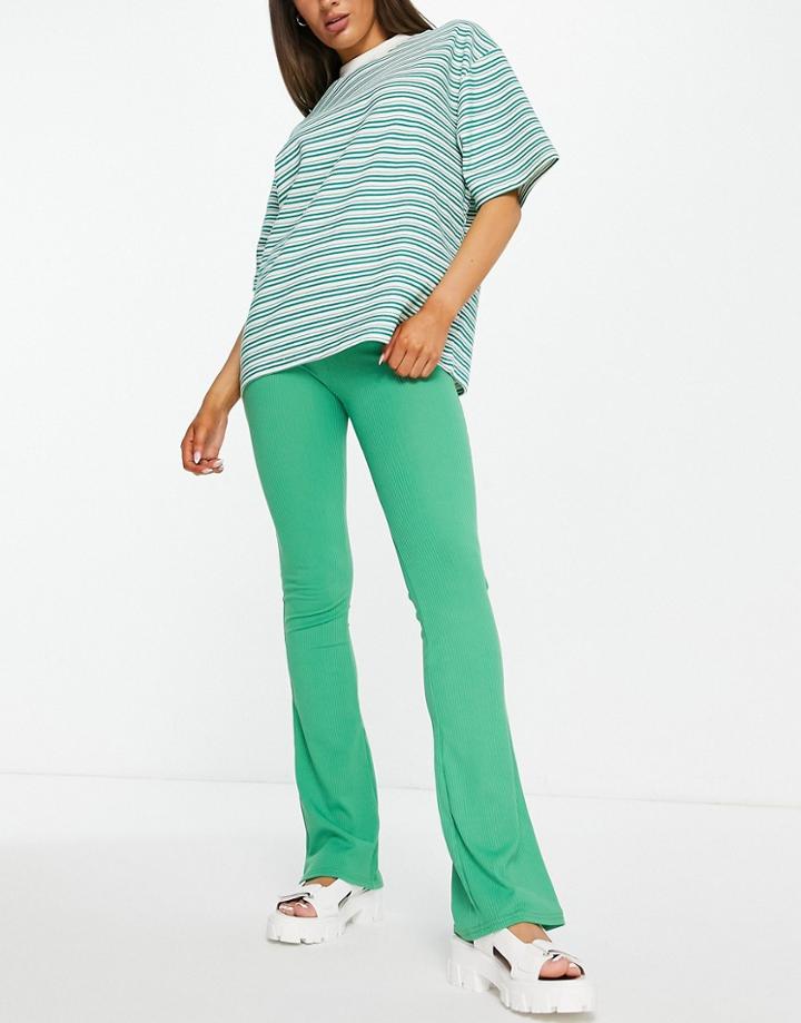 Topshop Skinny Rib Flared Pants In Green