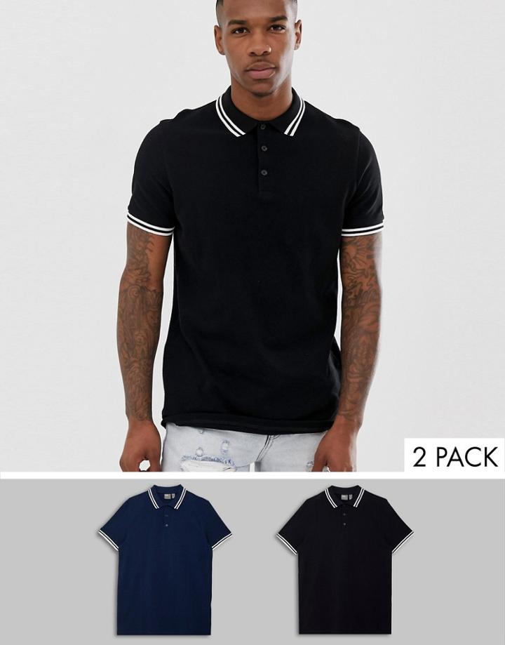Asos Design Pique Polo Shirt With Tipping 2 Pack Multipack Saving - Multi