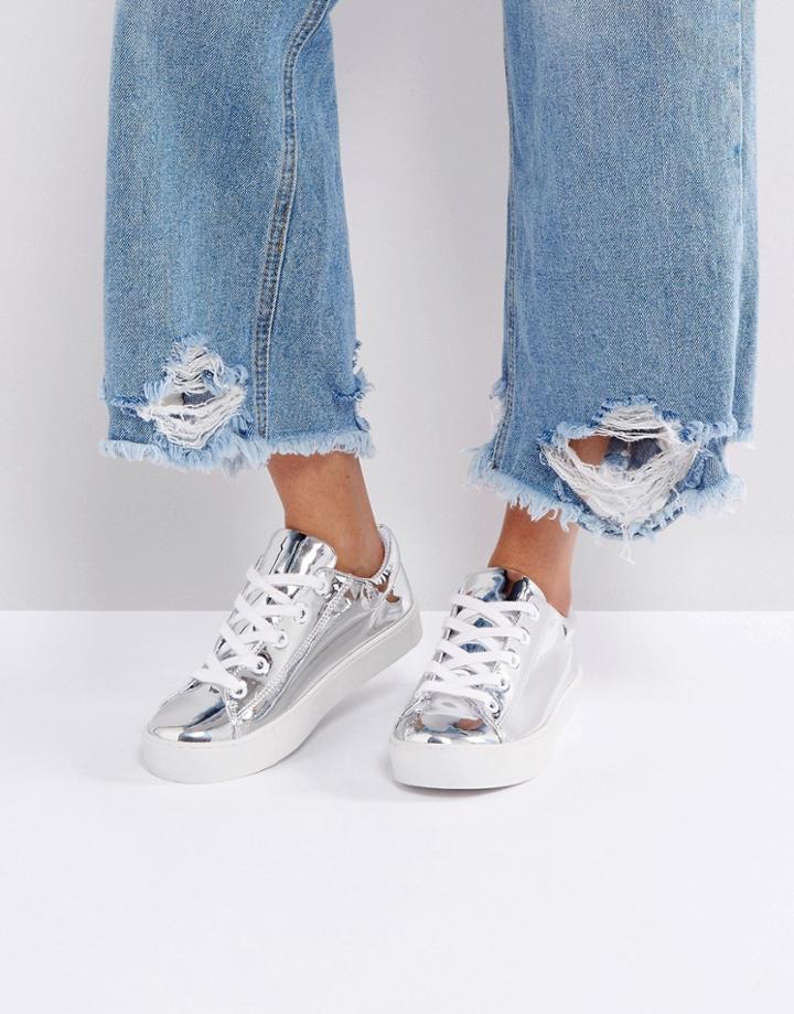 Monki Metallic High Shine Sneakers - Silver