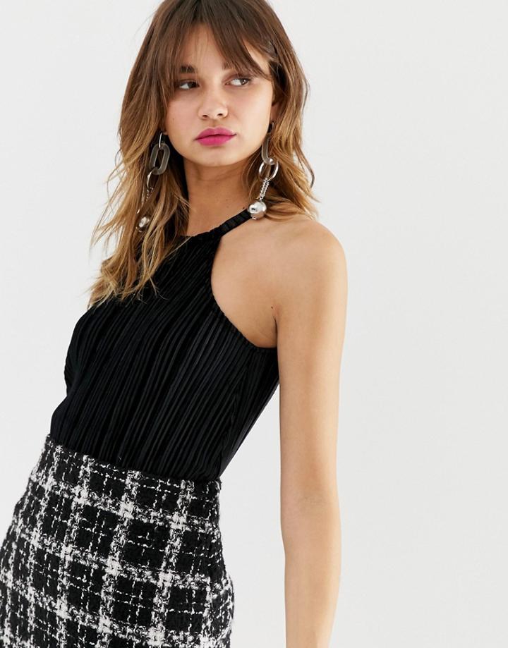 River Island Velvet Plisse High Neck Cami Top In Black