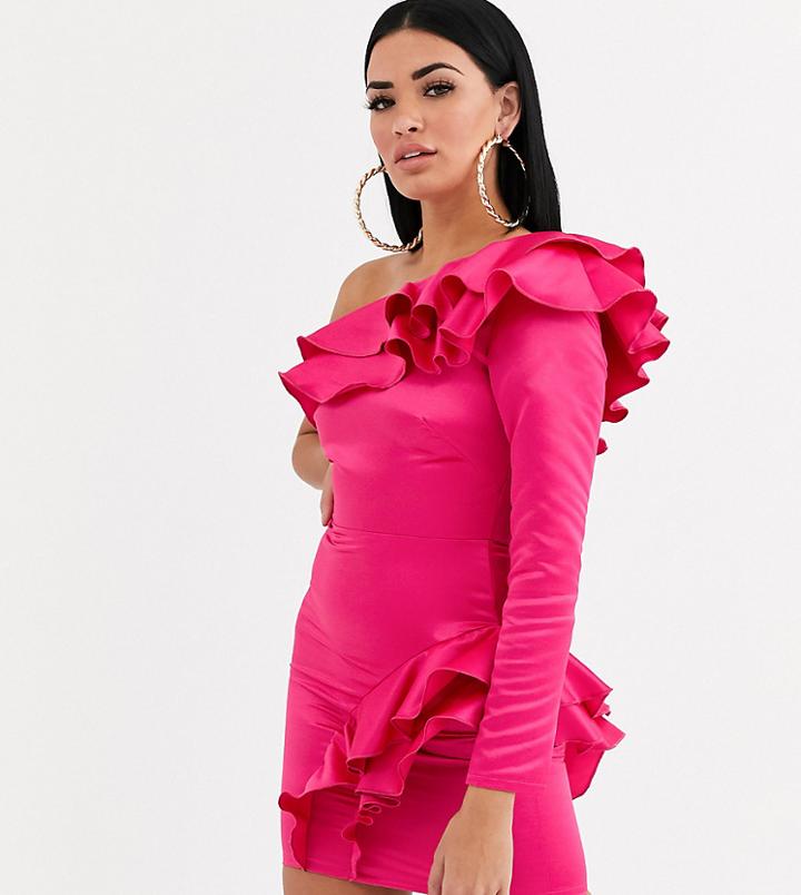 Flounce London One Shoulder Frill Satin Mini Dress In Fuchsia