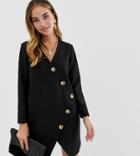 Asos Design Petite Asymmetric Shift Mini Dress With Tortoiseshell Buttons-black